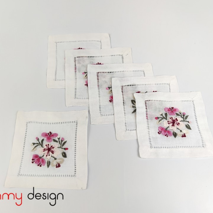 Set of 6 coasters hand-embroidered with pink apricot flower 10*10 cm